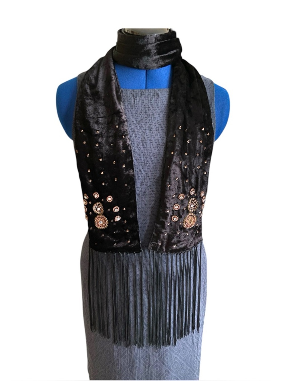Velvet Beaded Fringe Skinny Scarf Festival
